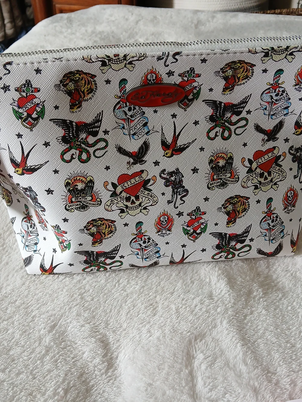 Ed Hardy LARGE White Cosmetic Pouch with Tattoo Motif [NEW WITH TAGS!]